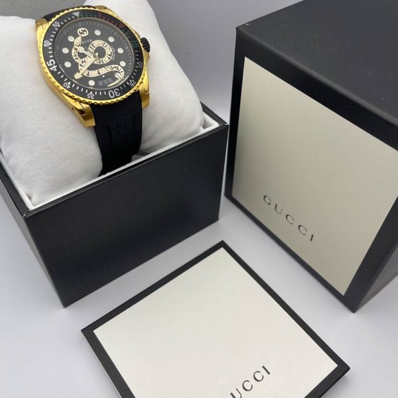 Gucci XL 45mm "BRAND NEW" Gold Snake Black Dial Rubber Band Swiss Watch YA136219 - Picture 3 of 8